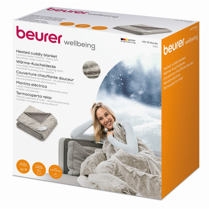 Beurer HD 75 Electric Blanket: Portable Heated Throw for Sofa, Bed or Study | 180x130cm | Taupe