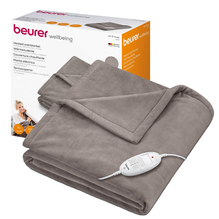 Beurer HD 75 Electric Blanket: Portable Heated Throw for Sofa, Bed or Study | 180x130cm | Taupe