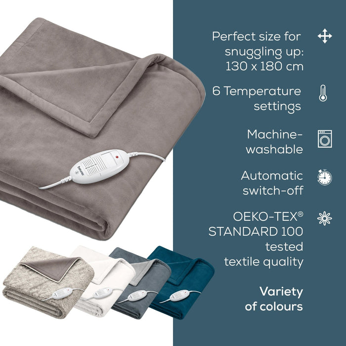 Beurer HD 75 Electric Blanket: Portable Heated Throw for Sofa, Bed or Study | 180x130cm | Taupe