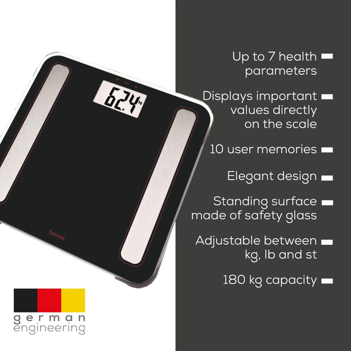 Beurer BF 183 LE25 Diagnostic Bathroom Scale: Weight, Body Fat, Body Water, Muscle Percentage, BMI, Visceral Fat & Metabolic Age