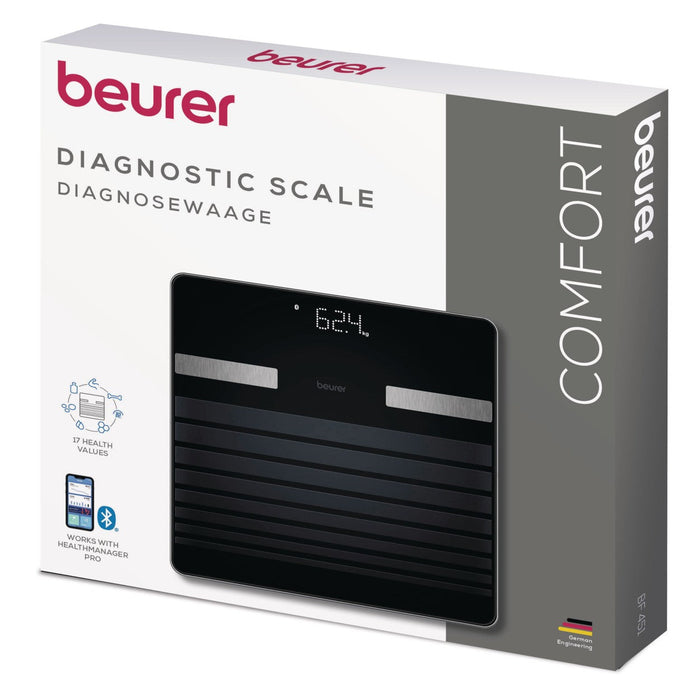 Beurer BF 451 Diagnostic Bathroom Scale | Bluetooth App | Weight, BMI, Body Fat, Water, Muscle, Bone & More