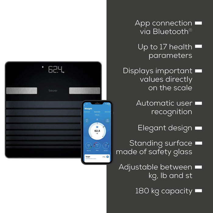 Beurer BF 451 Diagnostic Bathroom Scale | Bluetooth App | Weight, BMI, Body Fat, Water, Muscle, Bone & More