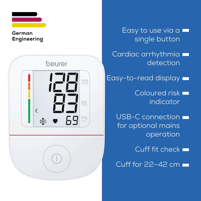 Beurer Germany Blood Pressure Monitor | Upper Arm Cuff 22-42cm | Arrhythmia Detection & Large Display | Reliable Home BP Tracking for Adults | BM 23