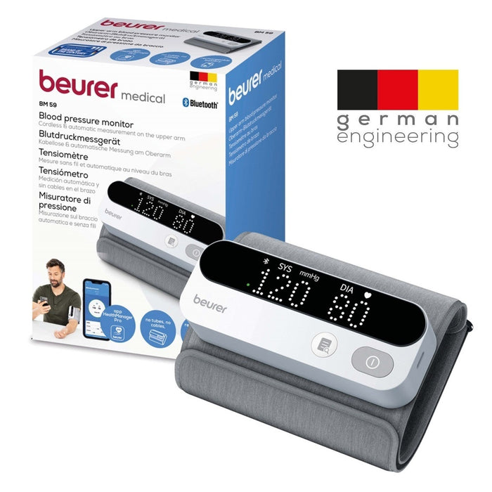 Beurer Germany Blood Pressure Monitor with Integrated Upper Arm Cuff 22-42cm | USB Rechargeable | Bluetooth Enabled with App | Arrhythmia Detection | BM 59