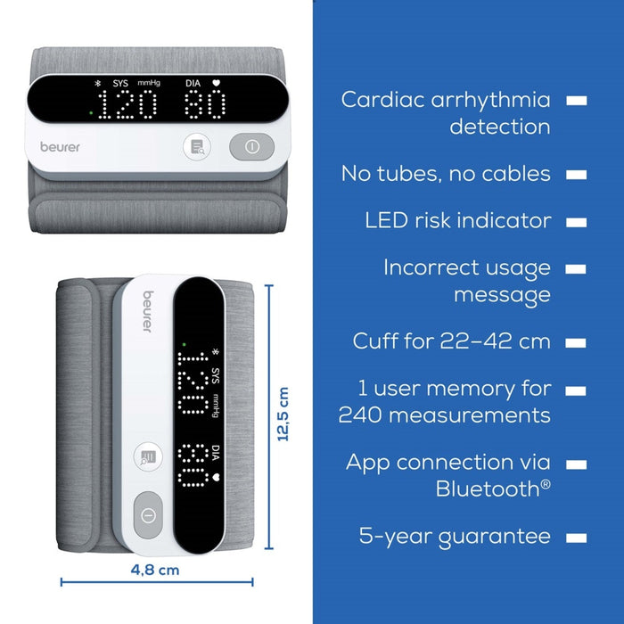 Beurer Germany Blood Pressure Monitor with Integrated Upper Arm Cuff 22-42cm | USB Rechargeable | Bluetooth Enabled with App | Arrhythmia Detection | BM 59