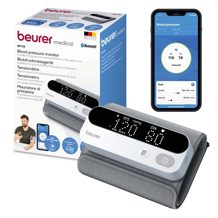 Beurer Germany Blood Pressure Monitor with Integrated Upper Arm Cuff 22-42cm | USB Rechargeable | Bluetooth Enabled with App | Arrhythmia Detection | BM 59