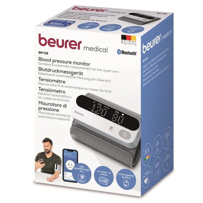 Beurer Germany Blood Pressure Monitor with Integrated Upper Arm Cuff 22-42cm | USB Rechargeable | Bluetooth Enabled with App | Arrhythmia Detection | BM 59