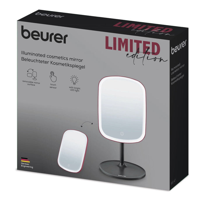 Beurer Germany Cosmetic Mirror - Removable Stand & Storage Tray - USB-C Rechargeable Light - Black & Cherry