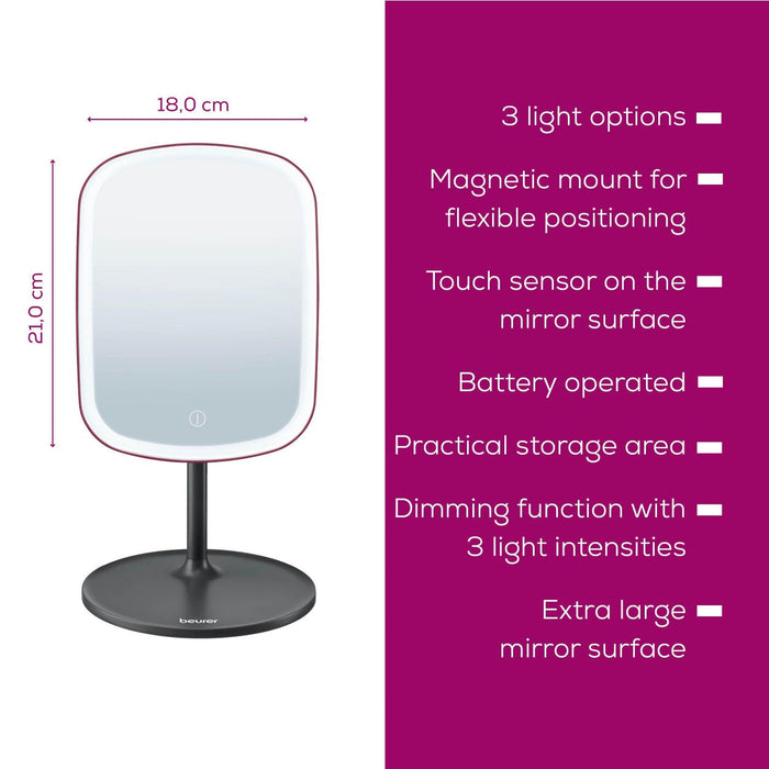 Beurer Germany Cosmetic Mirror - Removable Stand & Storage Tray - USB-C Rechargeable Light - Black & Cherry