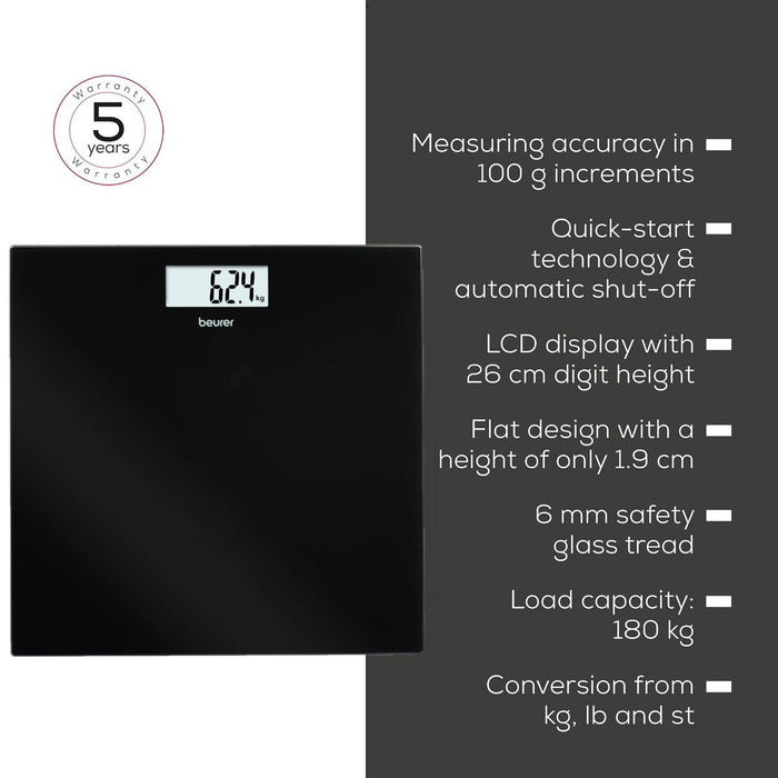 Beurer GS 10 Bathroom Scale: Compact, Space-Saving Design. Black Glass. 180kg Capacity