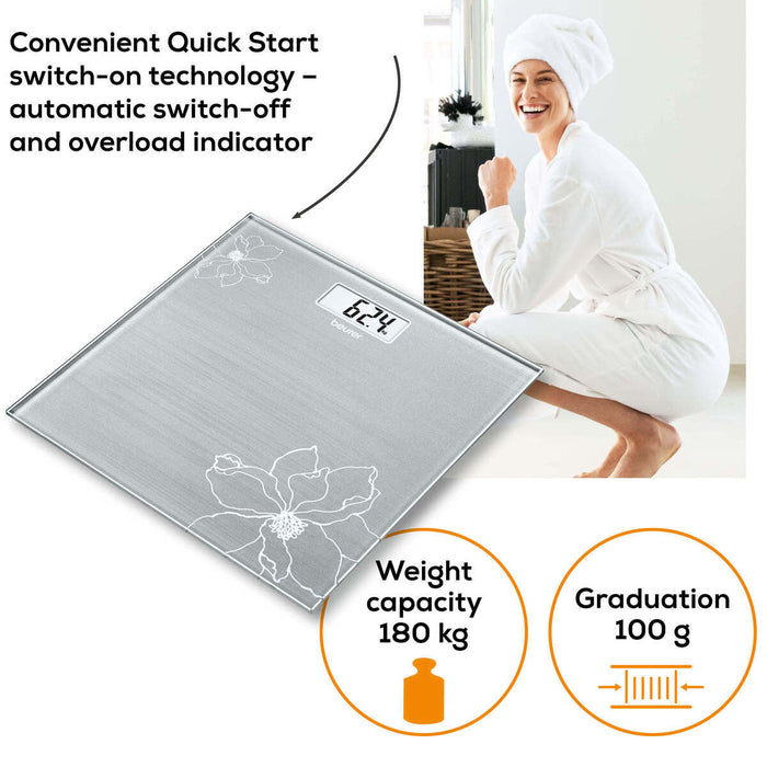 Beurer Germany GS 10 Bathroom Scale: Compact, Space-Saving. Silver-Grey Glass with Shimmer Flower Motif. 180kg Capacity