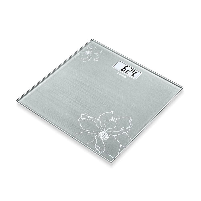 Beurer Germany GS 10 Bathroom Scale: Compact, Space-Saving. Silver-Grey Glass with Shimmer Flower Motif. 180kg Capacity