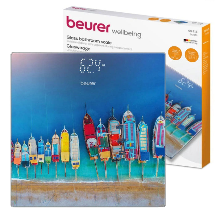 Beurer Germany Digital Bathroom Scale | Boat Print on Glass| 180kg Weight Capacity. 100g. Kg/Lb/St | GS 215 Boats