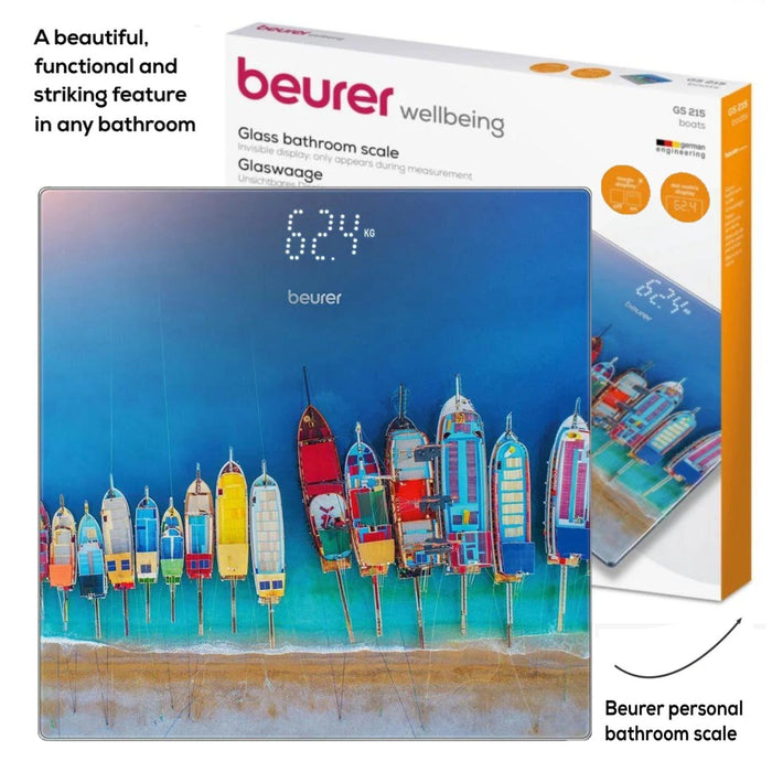 Beurer Germany Digital Bathroom Scale | Boat Print on Glass| 180kg Weight Capacity. 100g. Kg/Lb/St | GS 215 Boats