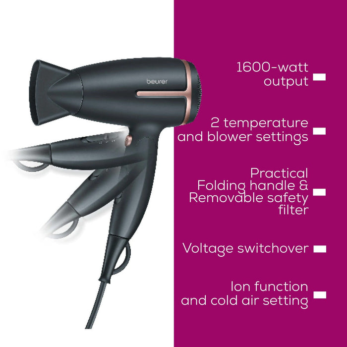 Beurer HC 25 Travel Hair Dryer | World Travel Voltage Switchover | Foldable | 1600 W Drying