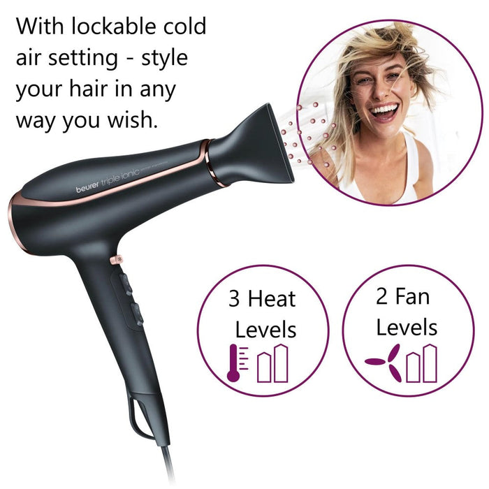 Beurer Germany Hair Dryer HC 80 Fast Drying, Triple Ionic Function, Variable Heat & Speed, 2200W