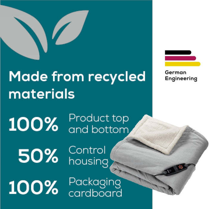 Beurer HD 81 GP Electric Blanket: Eco-Friendly Heated Throw. Corded Fabric. Light Grey 1.8x1.3m