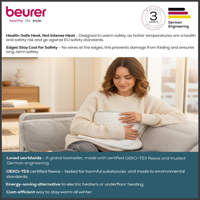 Beurer Germany HK 43 XL Heat Pad | Super Cosy | Low Energy Use | 3 Temperature Settings | Washable | 44x33cm