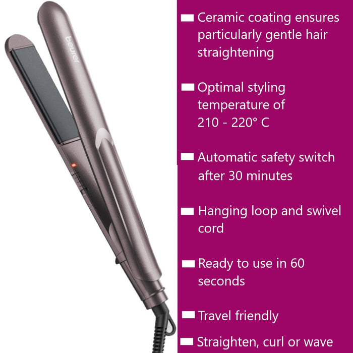 Beurer HS 15 Hair Straightener: Fast Heating | Ceramic Coating | Gentle on Hair | Straighten, Curl or Wave