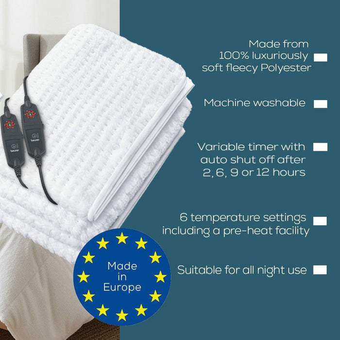 Beurer Germany Indulgence Heated Electric Blanket Mattress Topper | Dual Controls | 6 Heat Settings | Low Energy Use | Super King XL (180 x 200 cm)