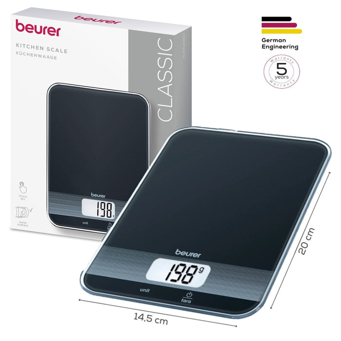 Beurer Germany KS 19 Digital Kitchen Scale | 1g Increments to 5kg. Tare Mode. Glass | Sleek Black