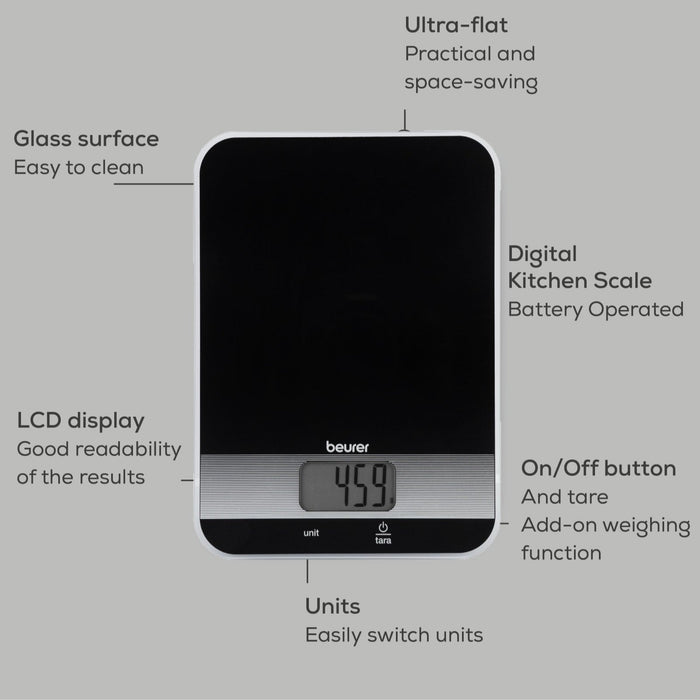Beurer Germany KS 19 Digital Kitchen Scale | 1g Increments to 5kg. Tare Mode. Glass | Sleek Black