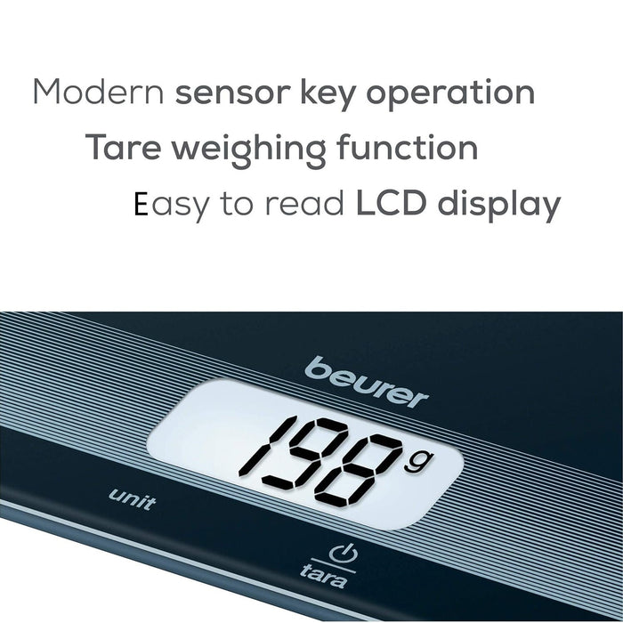 Beurer Germany KS 19 Digital Kitchen Scale in Black Glass: 5Kg Capacity. 1g Increments