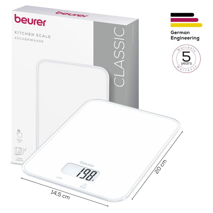 Beurer Germany KS 19 Digital Kitchen Scale | 1g Increments to 5kg. Tare Mode. Glass | Classic White