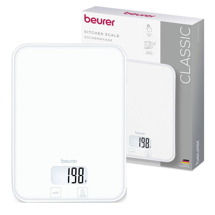 Beurer Germany KS 19 Digital Kitchen Scale | 1g Increments to 5kg. Tare Mode. Glass | Classic White