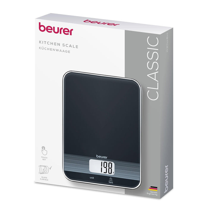 Beurer Germany KS 19 Digital Kitchen Scale | 1g Increments to 5kg. Tare Mode. Glass | Sleek Black
