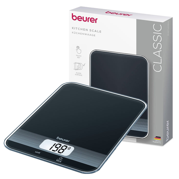 Beurer Germany KS 19 Digital Kitchen Scale | 1g Increments to 5kg. Tare Mode. Glass | Sleek Black