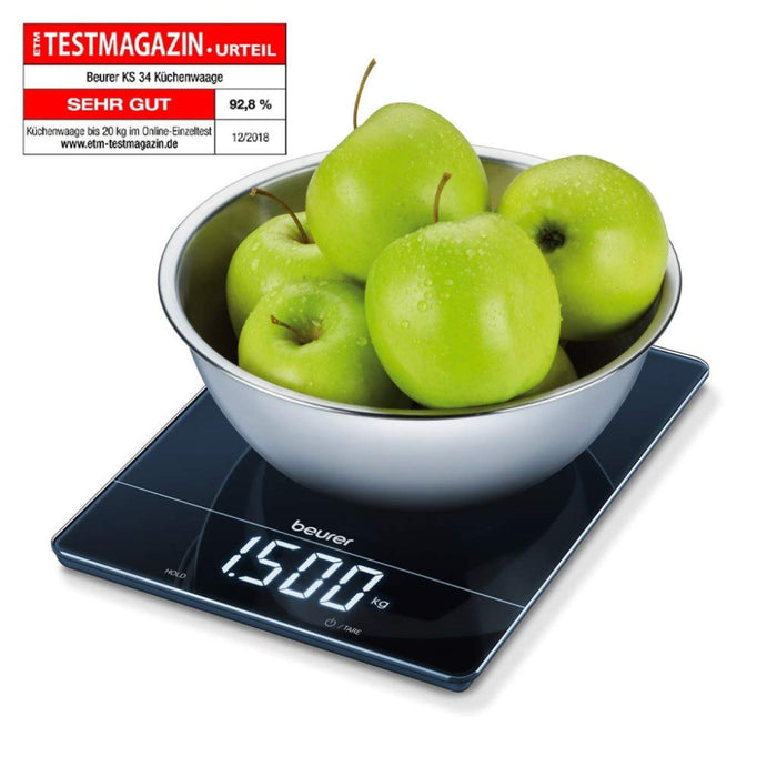 Beurer KS 34 Digital Glass Kitchen Scale: XL 15kg Weight Capacity. 1g Increments. Large LED Display