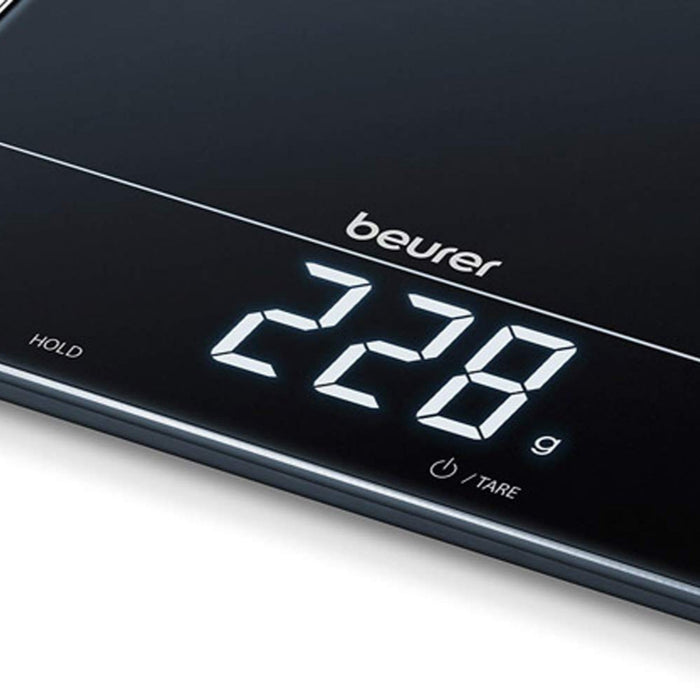 Beurer KS 34 Digital Glass Kitchen Scale: XL 15kg Weight Capacity. 1g Increments. Large LED Display
