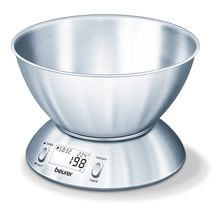 Beurer Germany Kitchen Scale with 1.5L Dishwasher-Safe Stainless-Steel Bowl, Integrated Room Thermometer & Timer. 5kg capacity. 1g Graduation