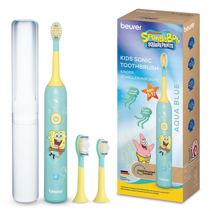Beurer Germany SpongeBob Sonic Toothbrush | 2 Heads Ages 3-6 | Aqua Blue