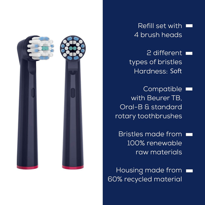 Beurer Spare Toothbrush Heads Compatible with TB, Oral B & Standard Rotating Toothbrushes | Soft Bristles | Eco-Friendly | Sensitive x4