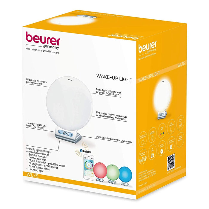 Beurer WL 75 Wake Up Light Alarm Clock +App | Sunrise & Sunset Simulation | Radio | Bedside Light | USB Phone Charger